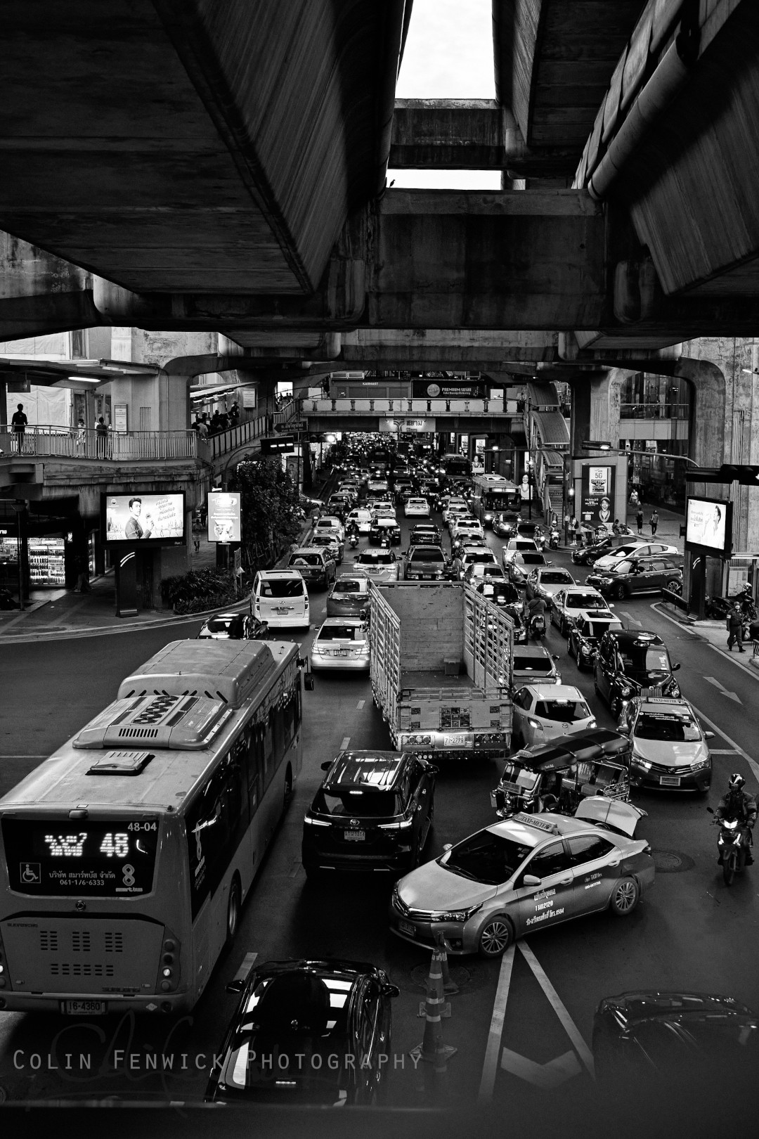 View of Siam BTS station and busy roads underneath