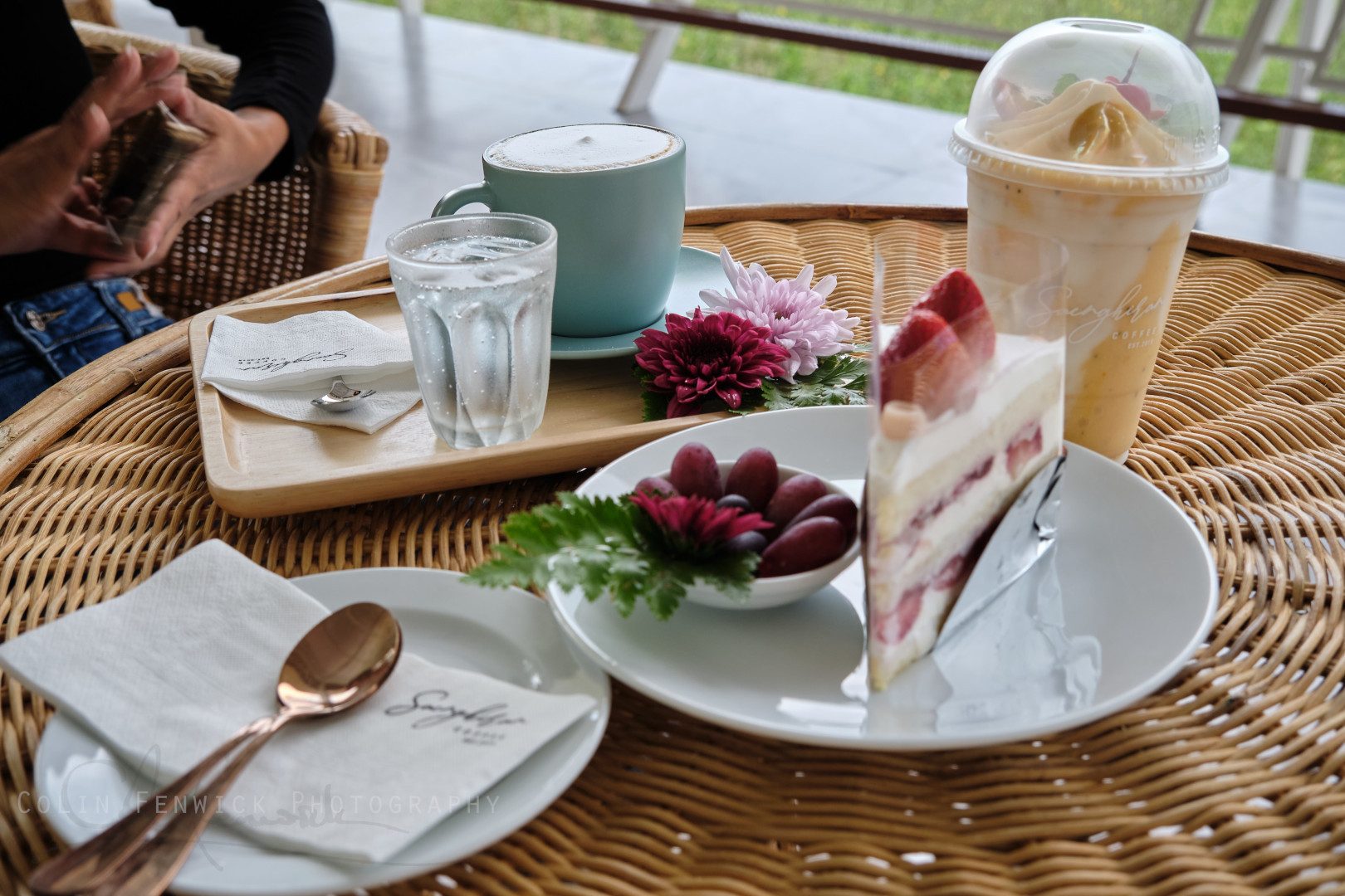 Drinks and cake at a coffee shop