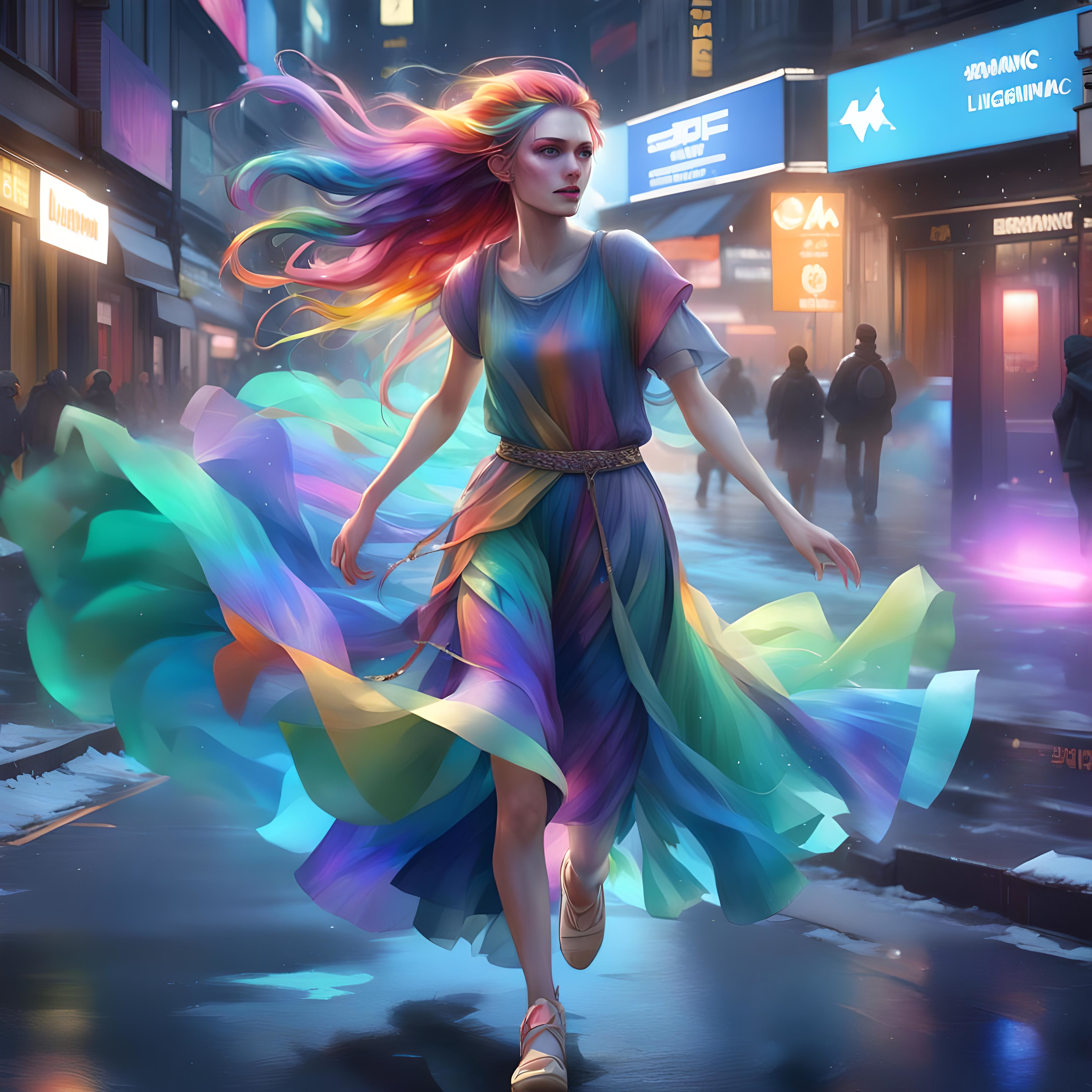 A young woman in multicoloured dress runs through a busy city at night