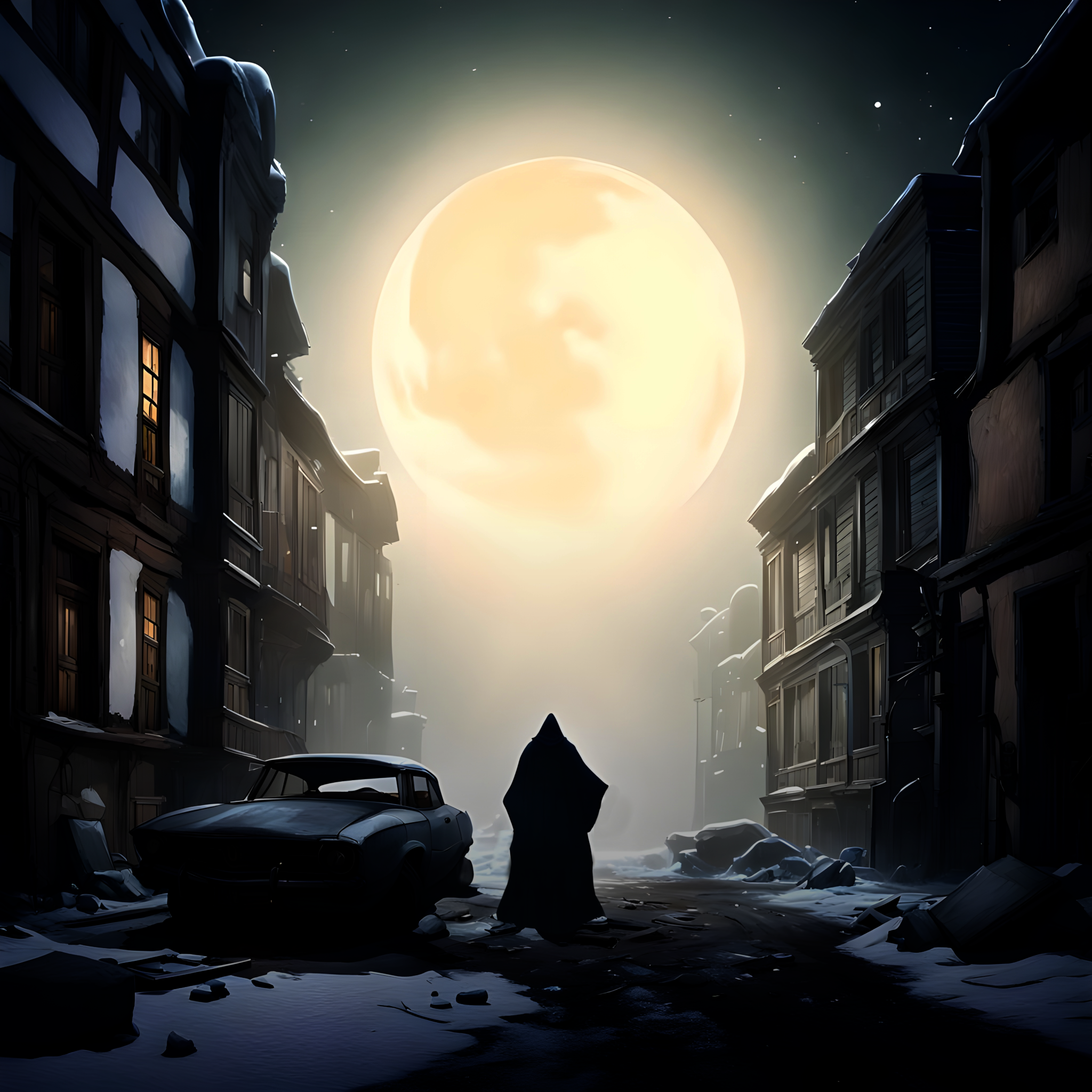 A hooded figure stands alone in an abandoned housing estate on a winter night