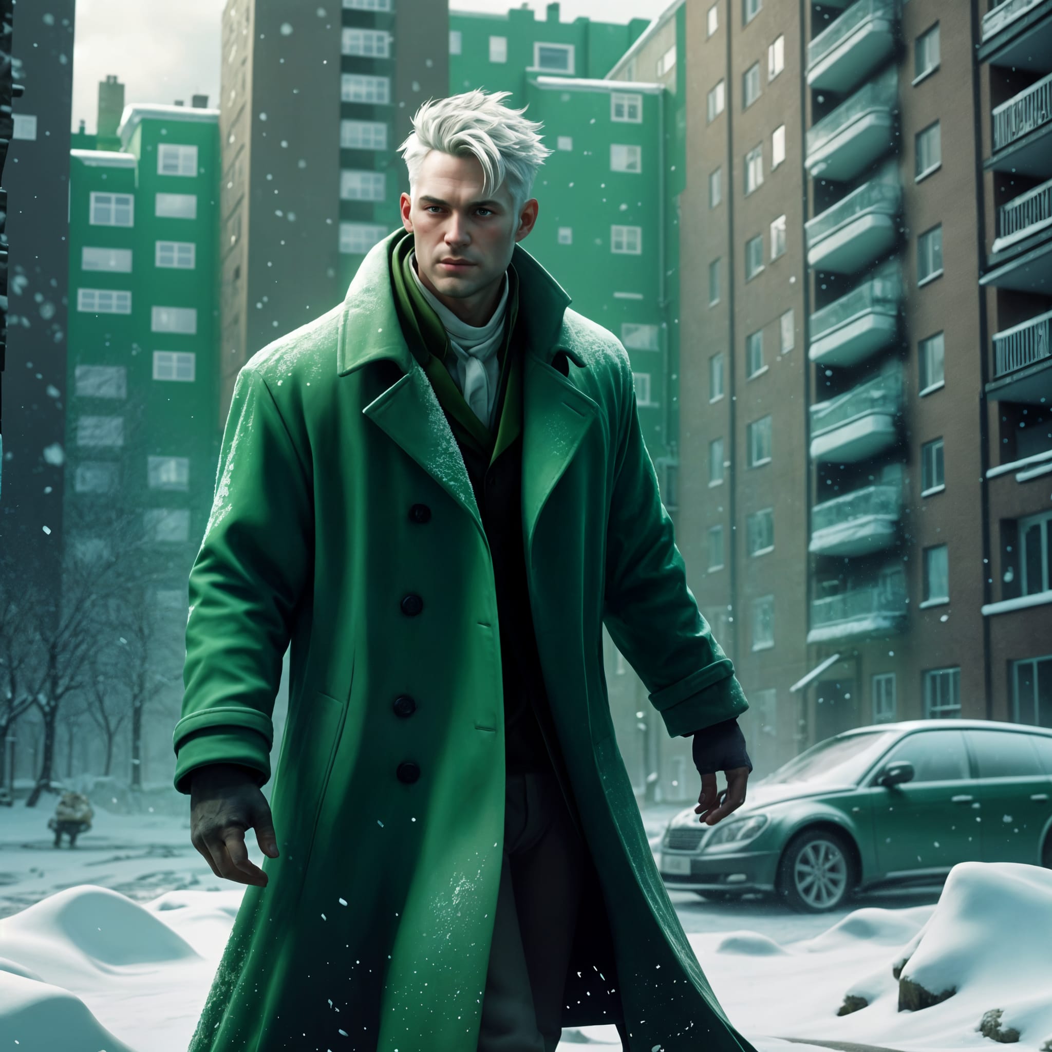 A man in a long green coat on a winter's day