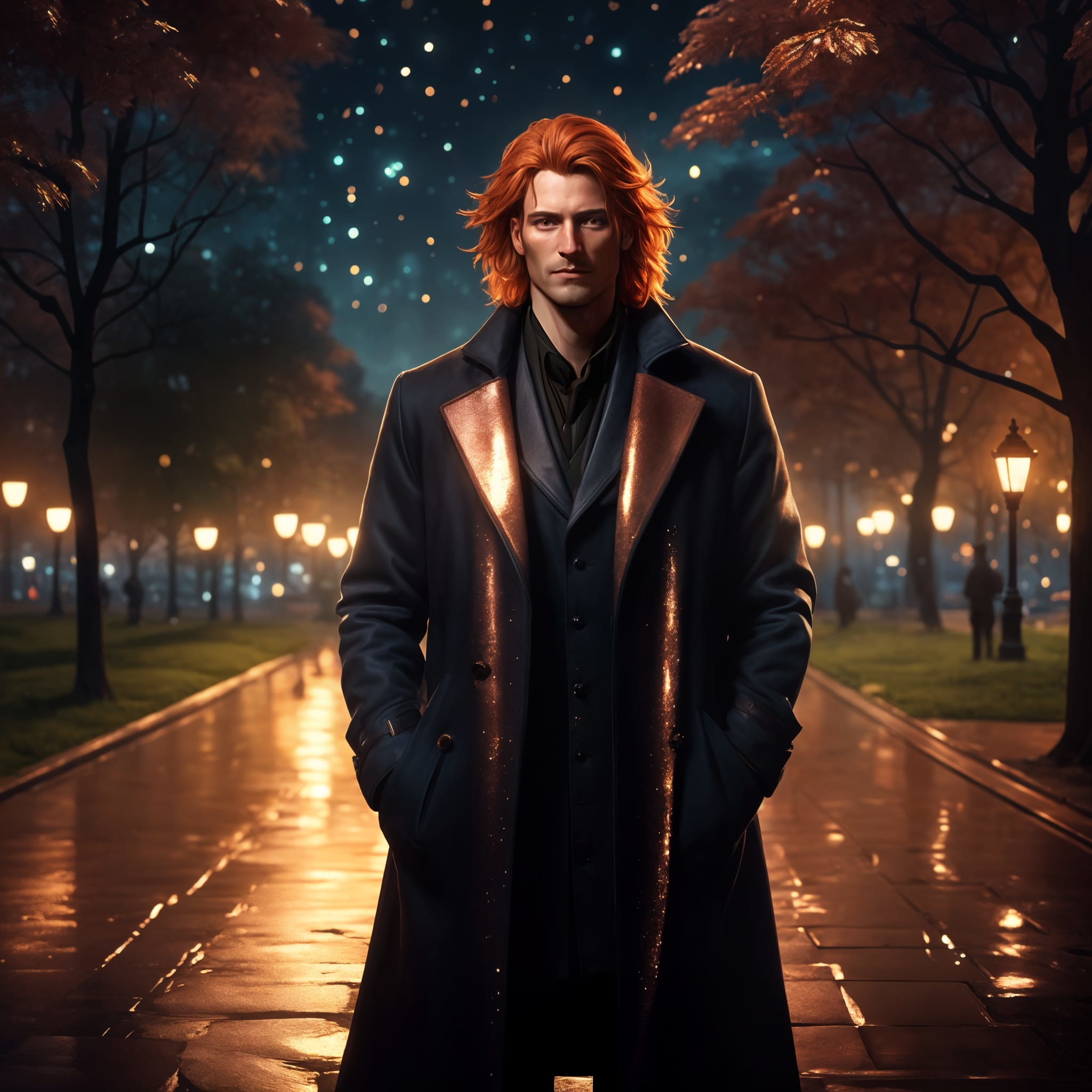 A man with red hair in a park