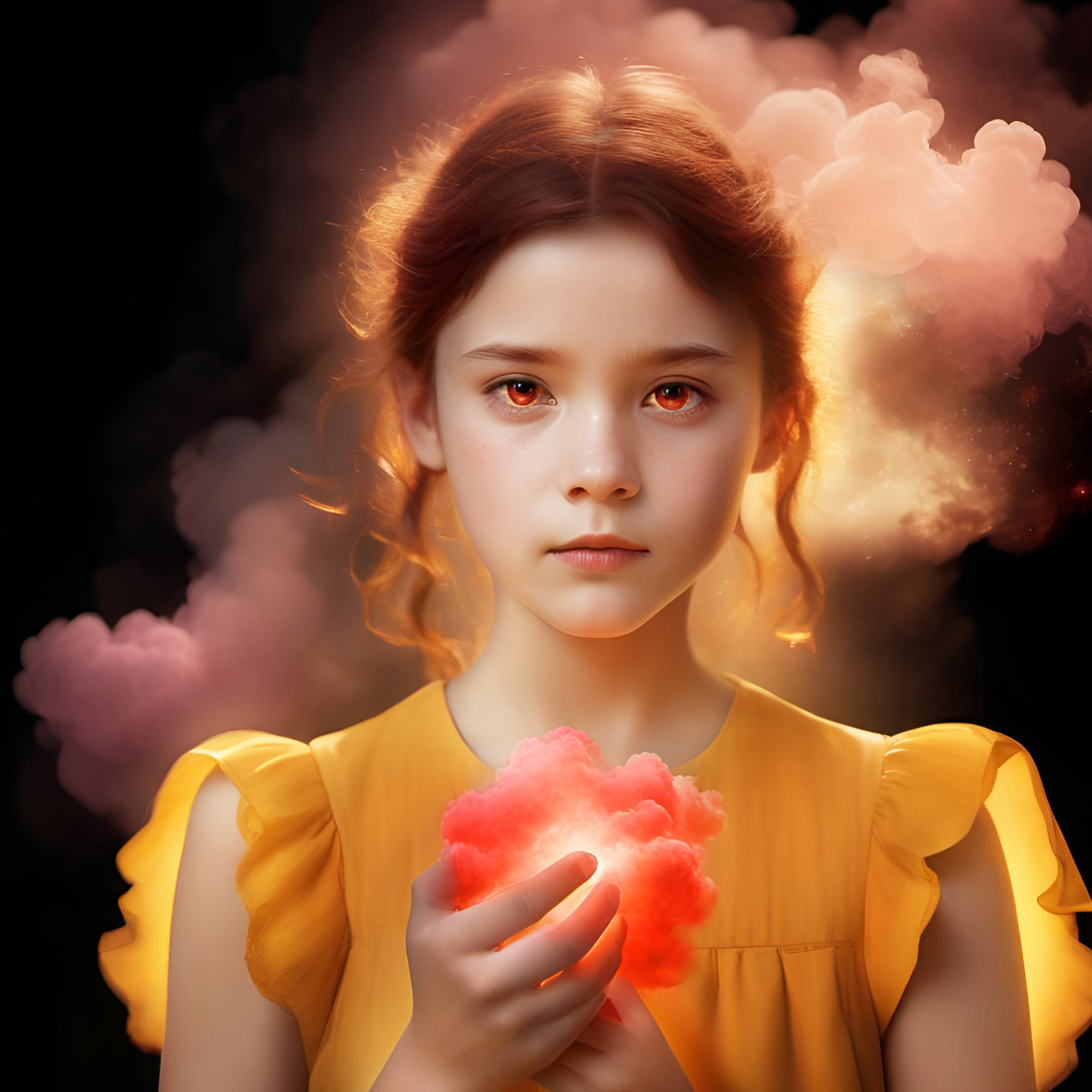 A young girl holds a small red cloud in her hands