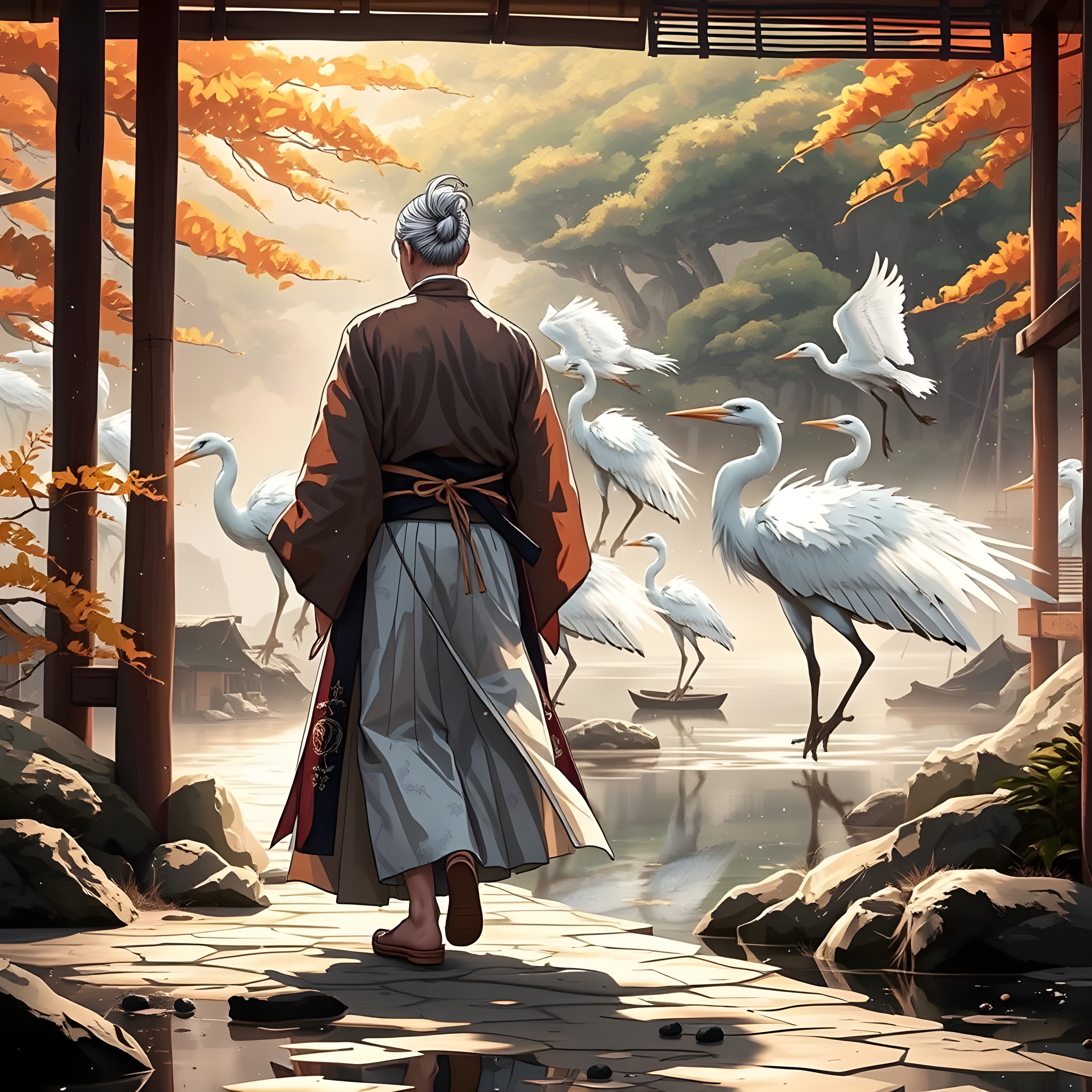 A Japanese man by a pond full of Heron