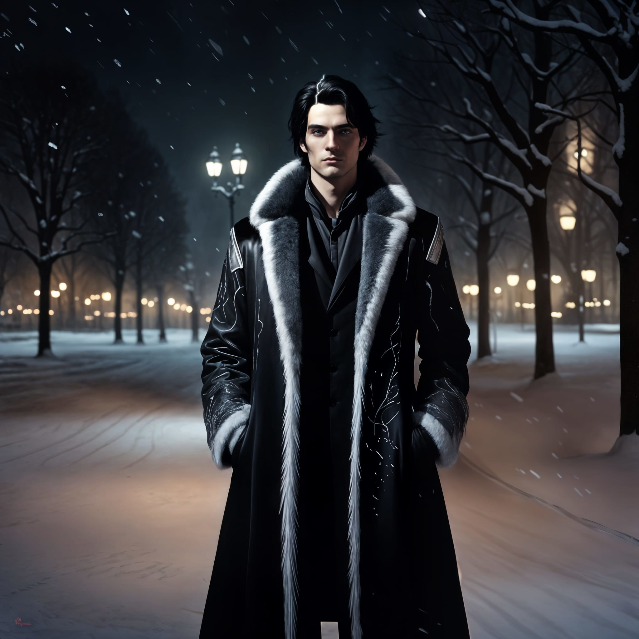 A man with black hair in a snow covered park