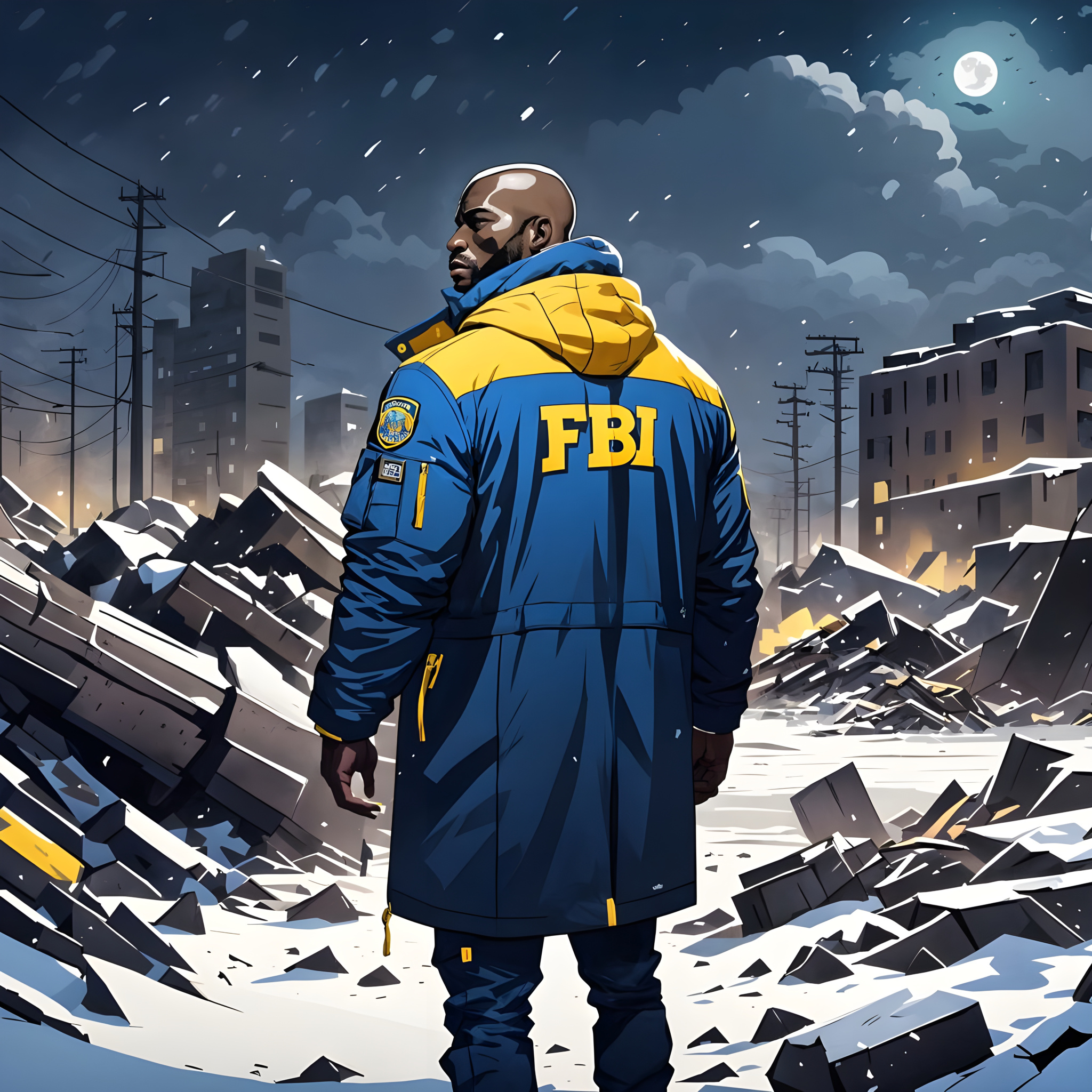 Tall man in an FBI jacket stands in a derelict city on a winter night