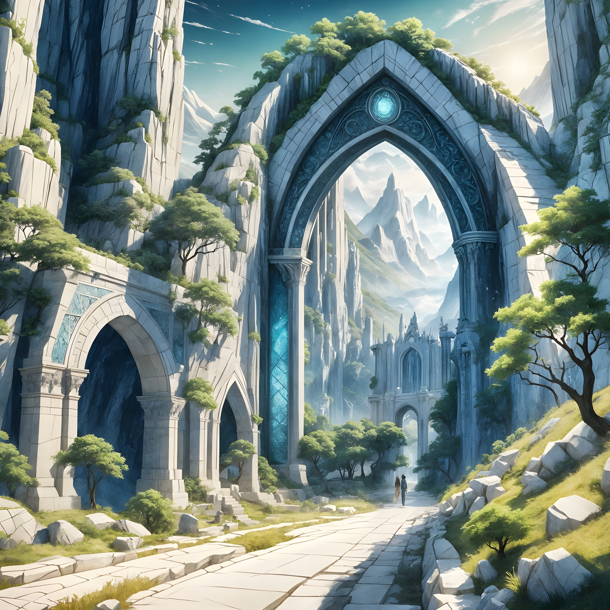 Elaborate Giant archway over a stone road leading to an ancient city