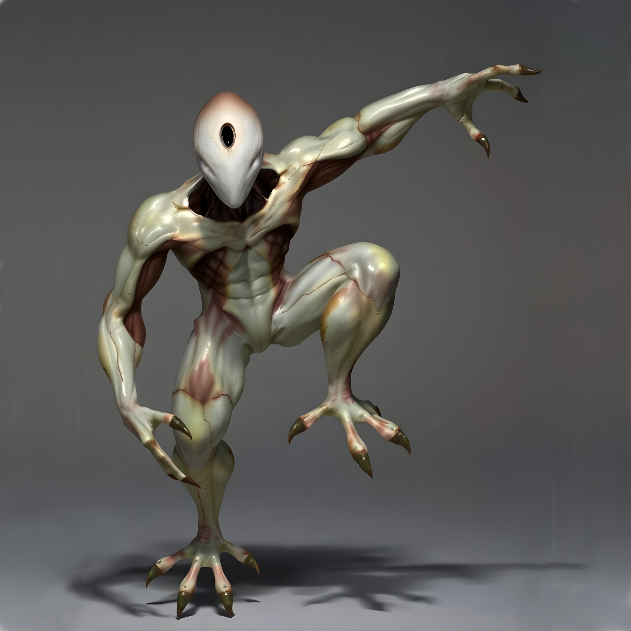 A creature with porcelain like skin and a featureless face with one oval eye