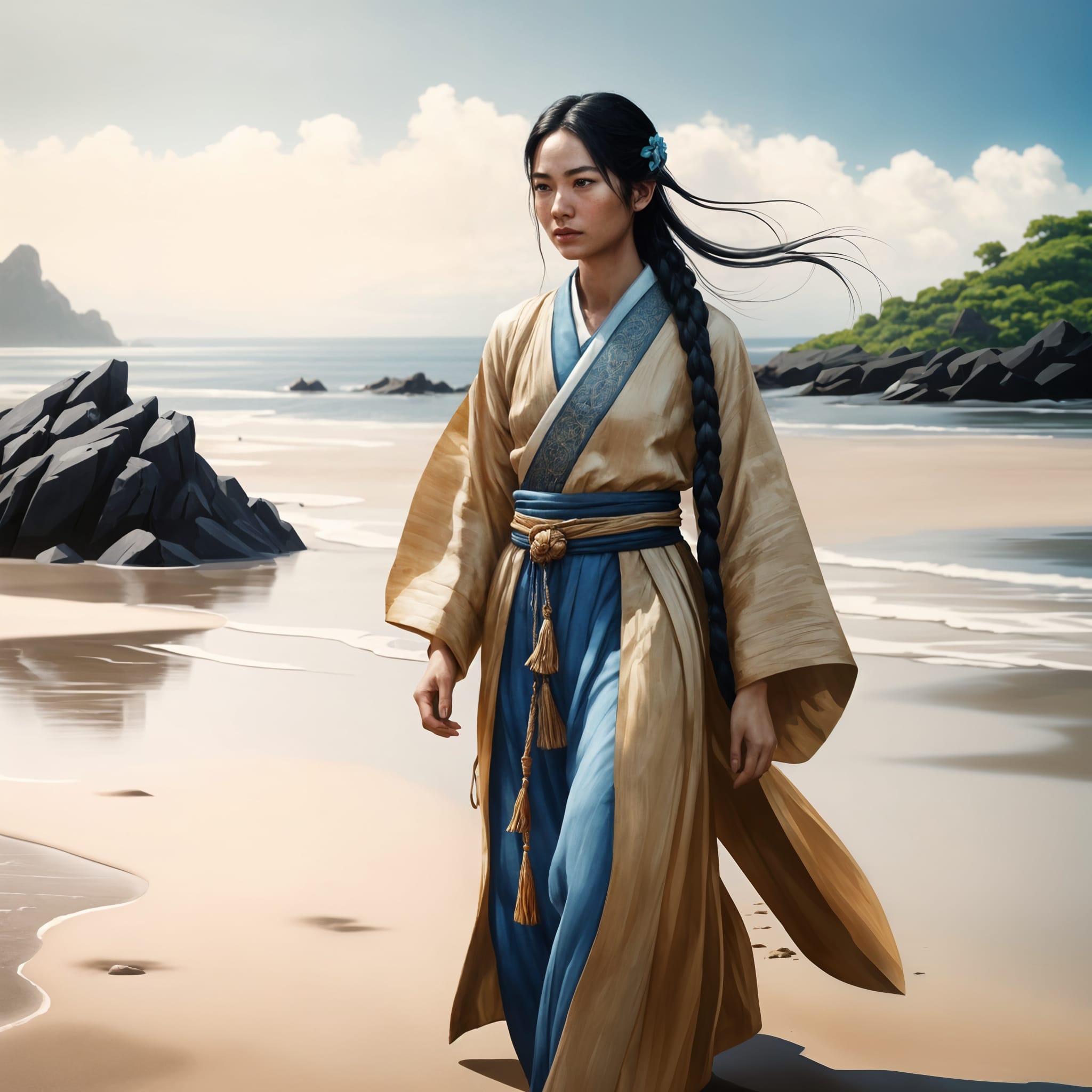 An Asian woman in long flowing robes walks on a beautiful beach