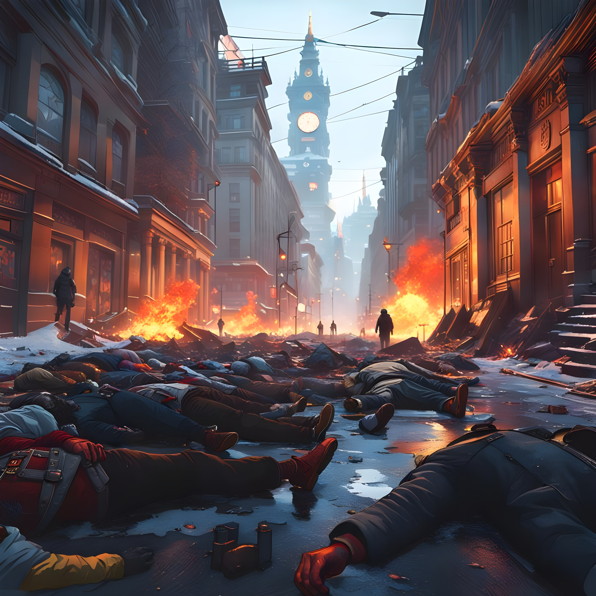 City street on fire with bodies on the street