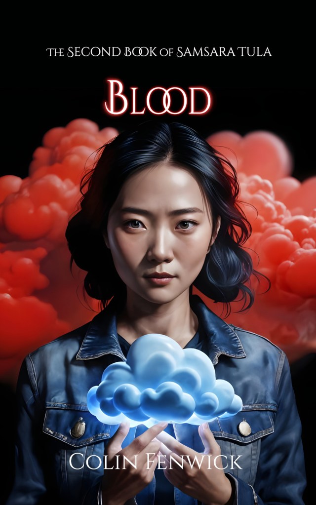 Chinese woman wearing denim jacket holds a small blue cloud in her hands while standing in front of a deep red cloud