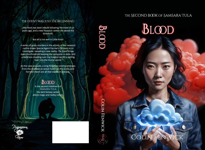 A book cover. on the front cover is a Chinese woman wearing denim jacket holds a small blue cloud in her hands while standing in front of a deep red cloud. On the back cover is a dark forest with a shadowy figure