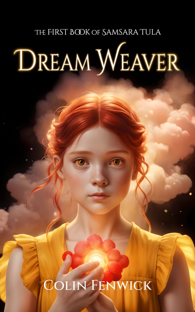 A young girl with red hair, wearing a yellow summer dress, holds a tiny red light while standing in front of a salmon pink cloud