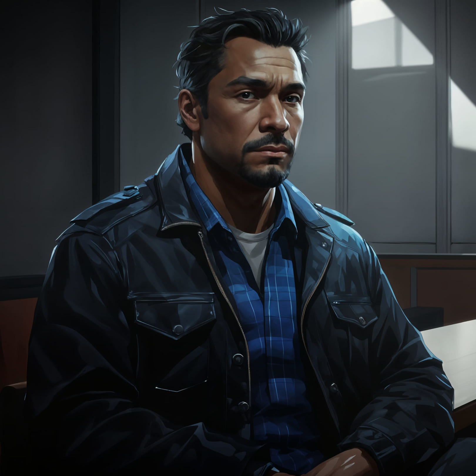 A Hispanic man with goatee beard wearing a black army style jacket