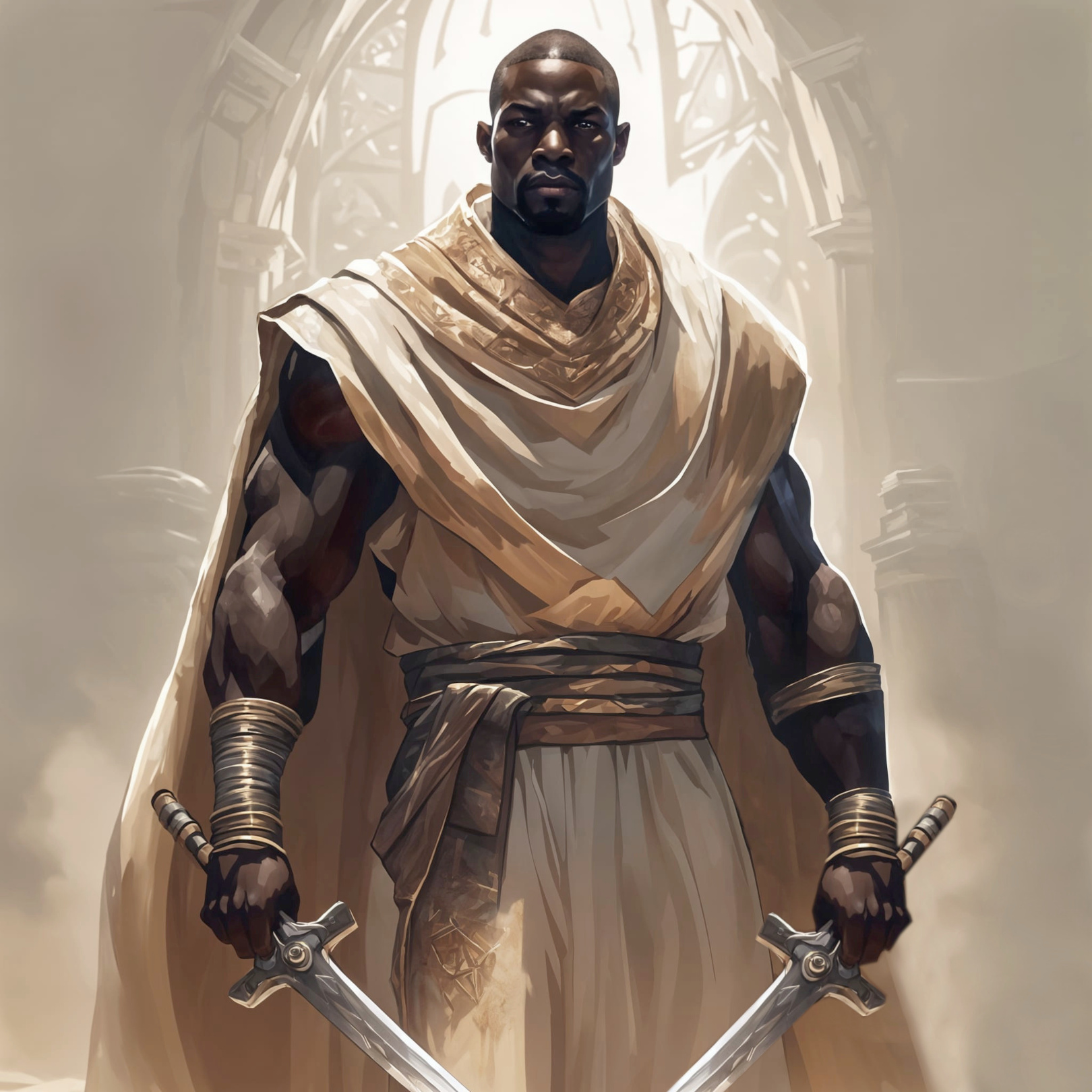 A tall stocky man with a determined expressions, holding two swords