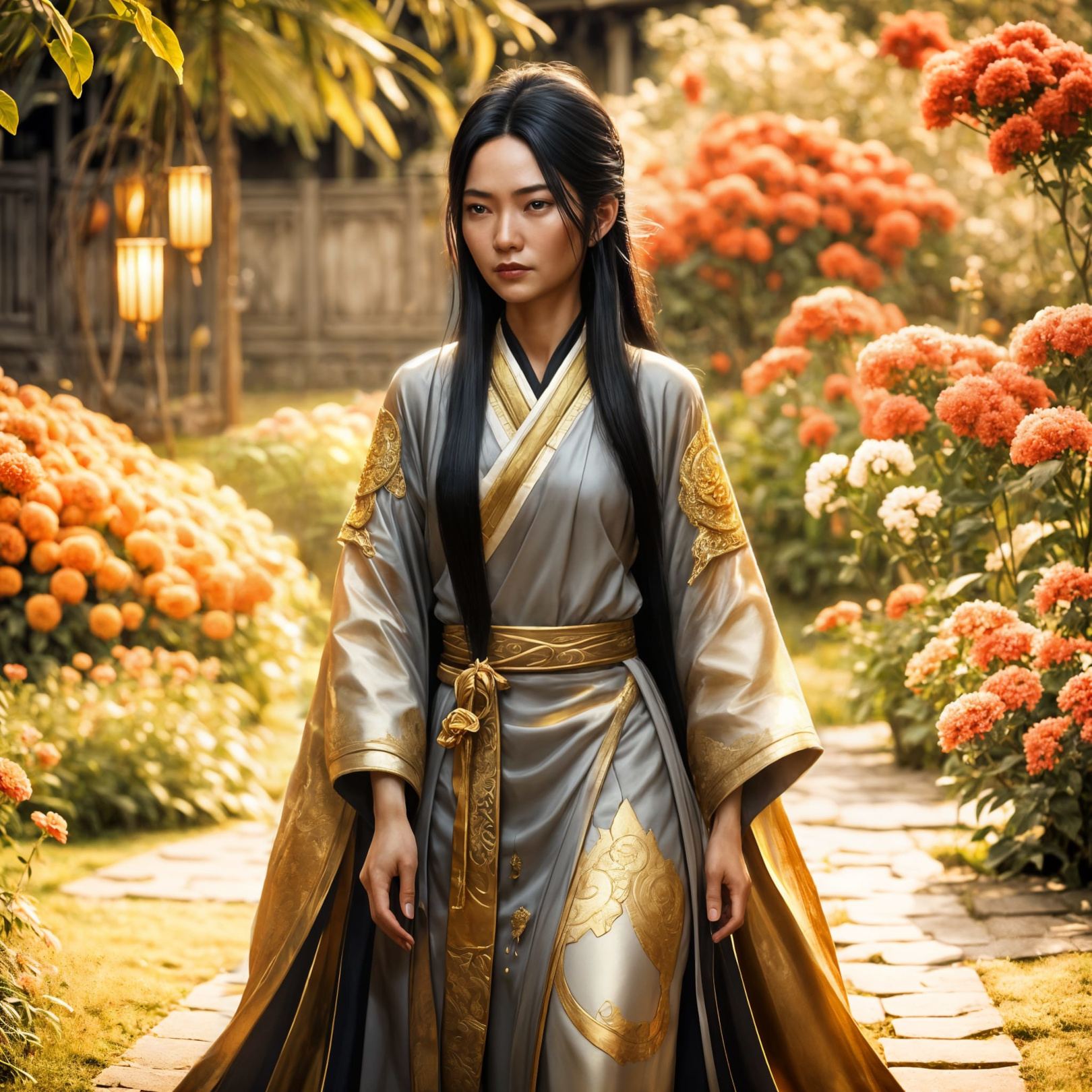 A Thai woman wearing elegant silver robes walks through a garden full of flowers