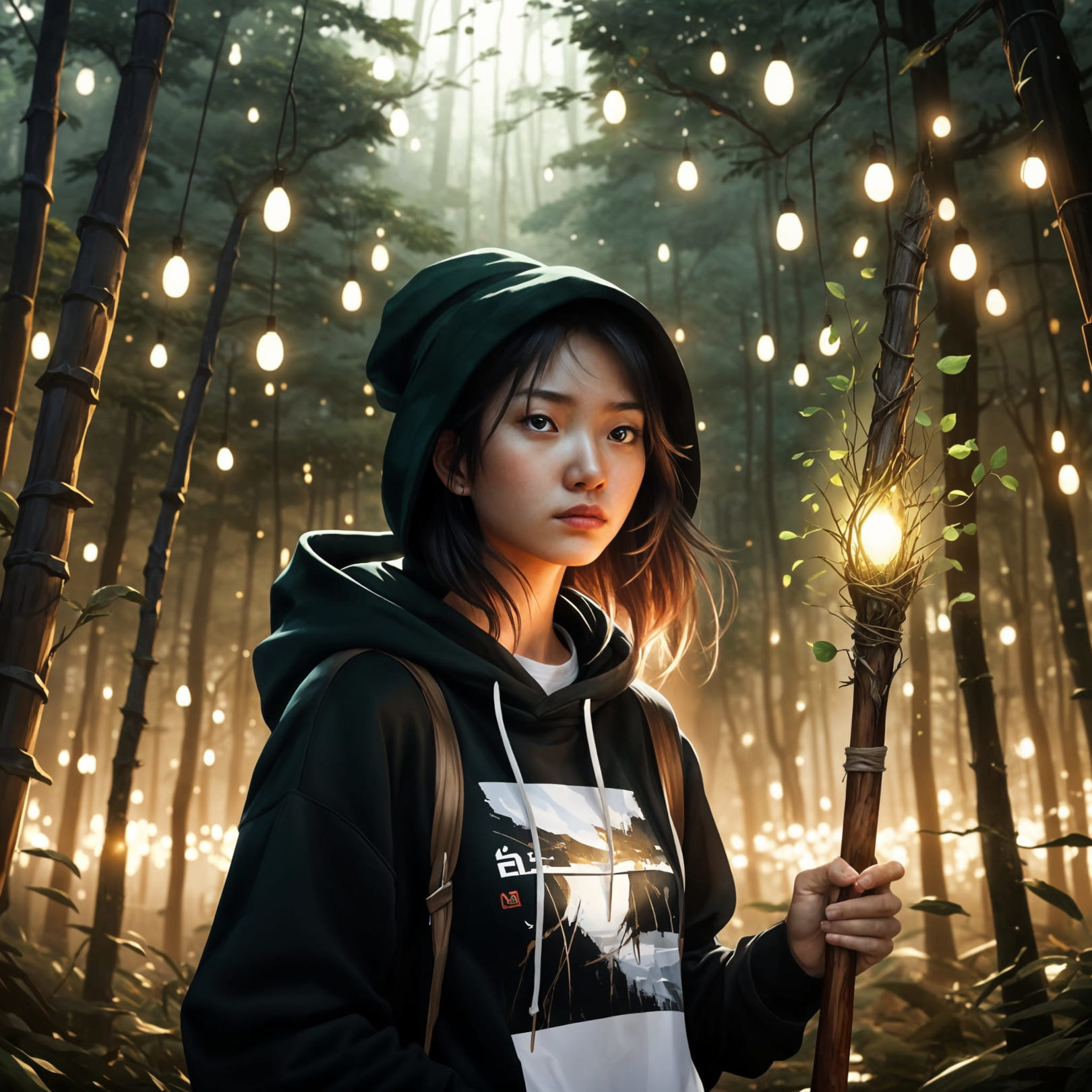 A teenage Chinese girl holding a magical staff and standing in a forest
