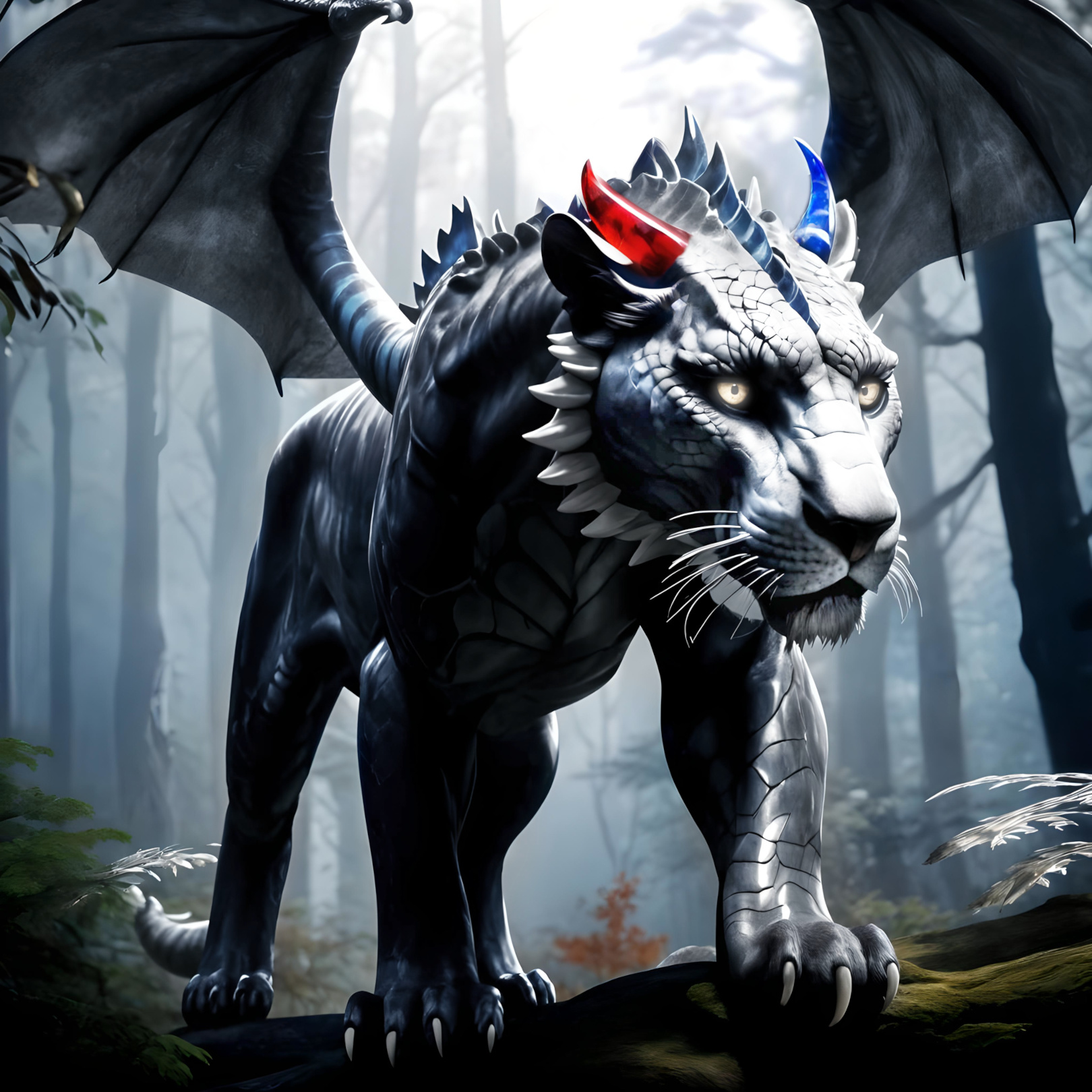 A winged lion walks through a forest