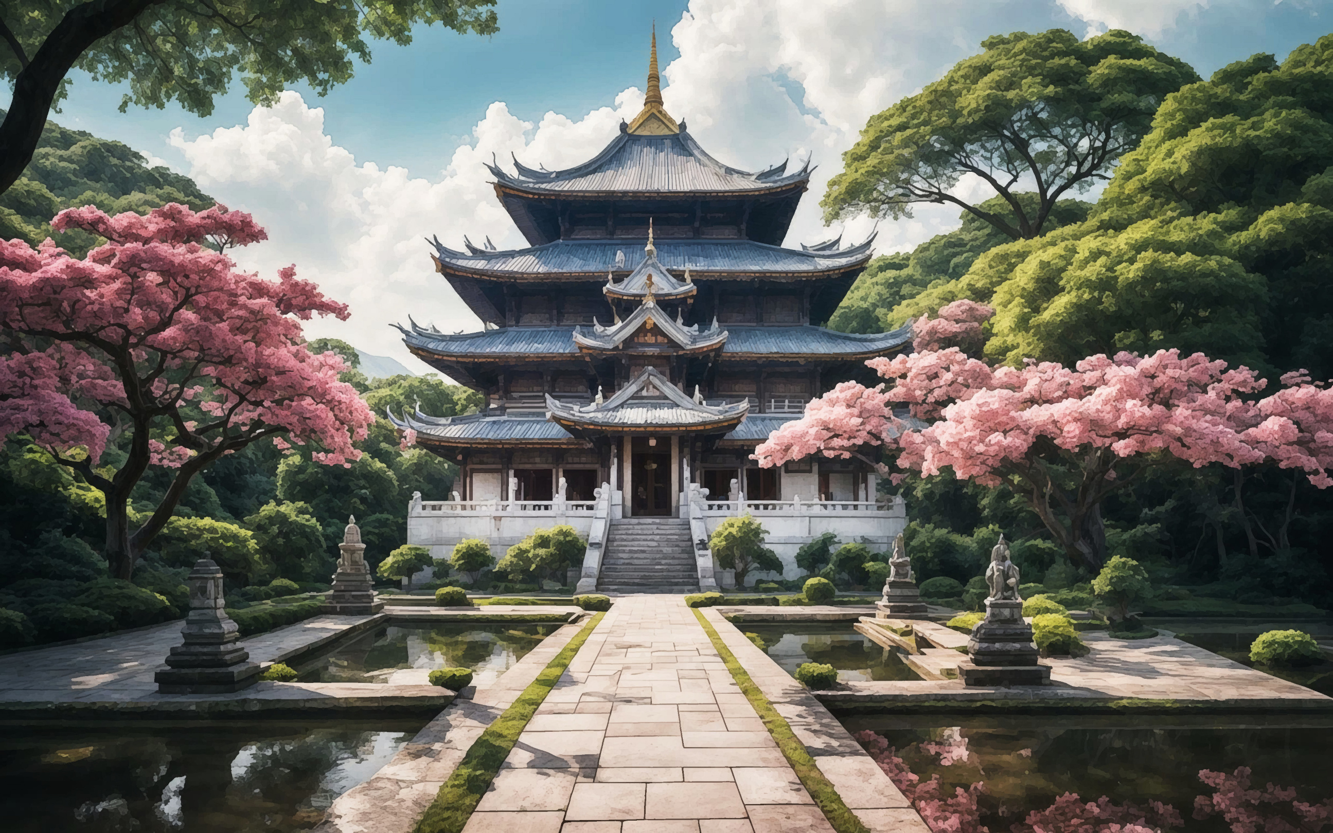 A Buddhist temple in a mix of Chinese and Thai style set in a beautiful garden