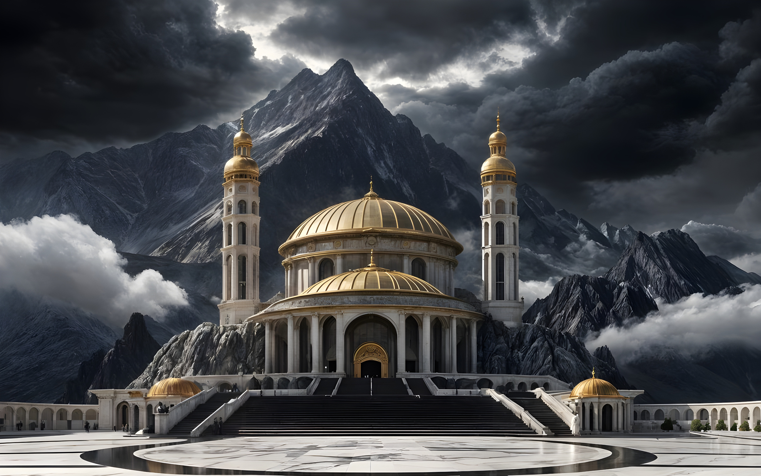 A great domed hall with two towers set into the mountain side