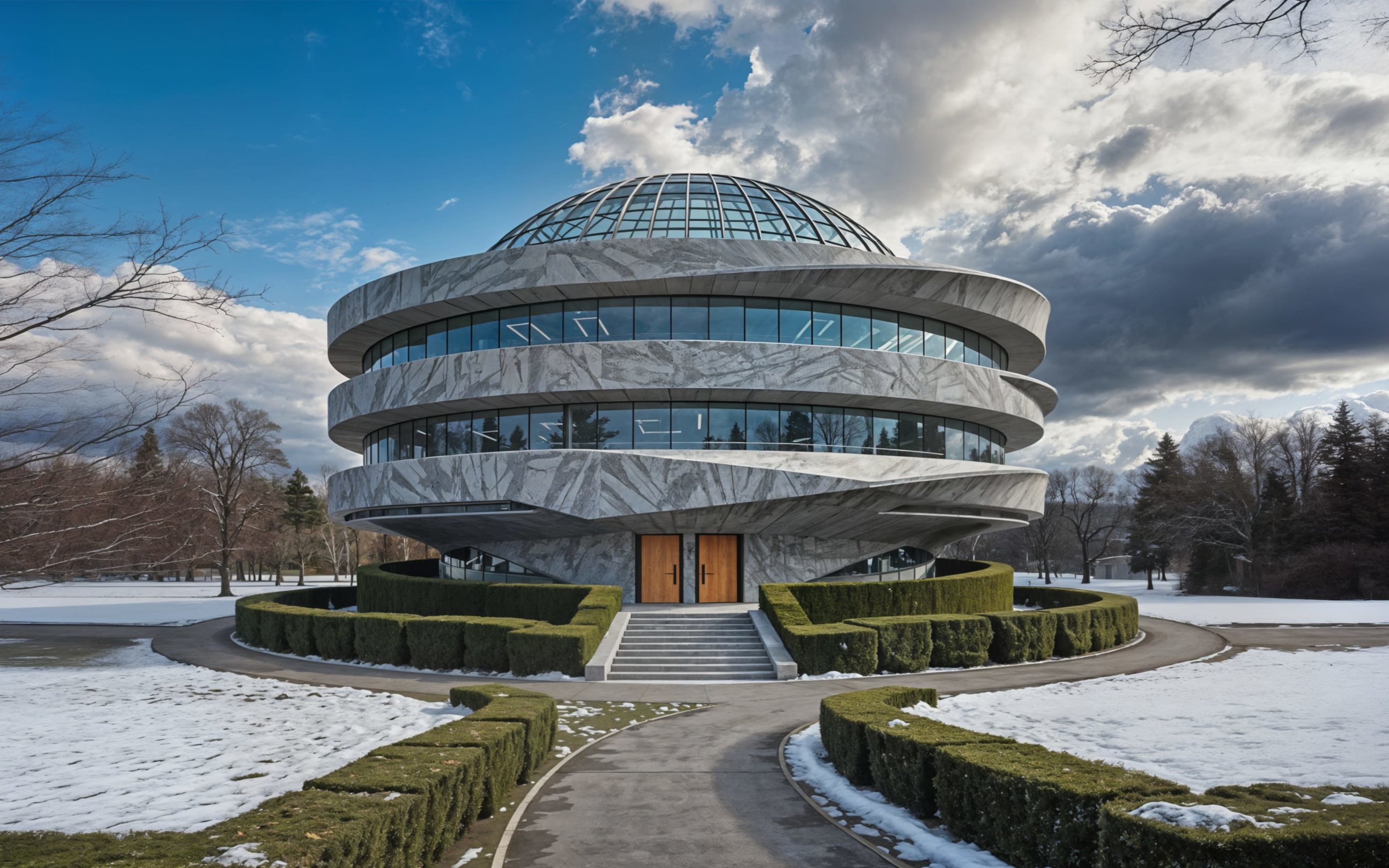 Round building set in a wintry garden