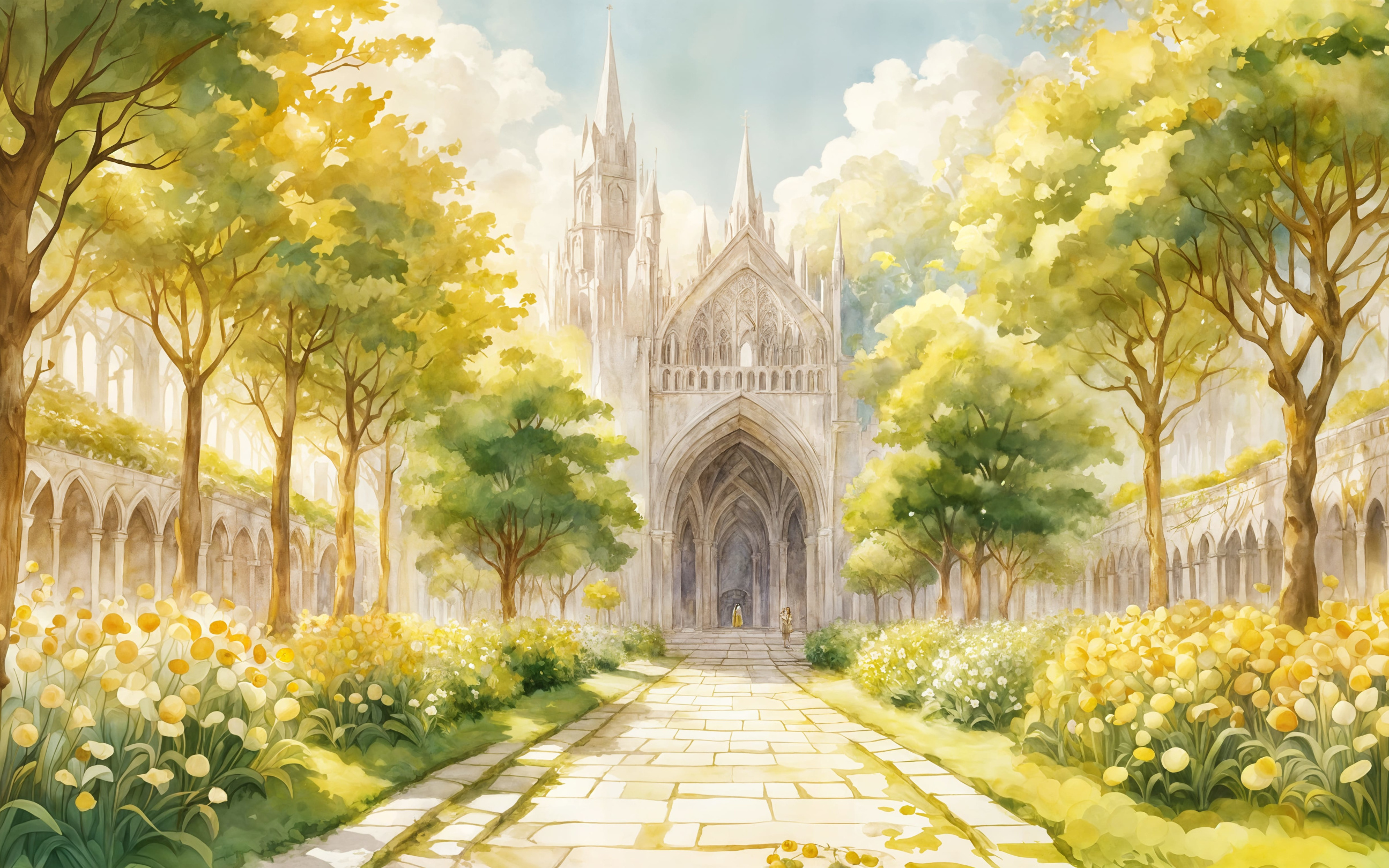 A beautiful orchard set in a walled garden of an ancient city made of white marble