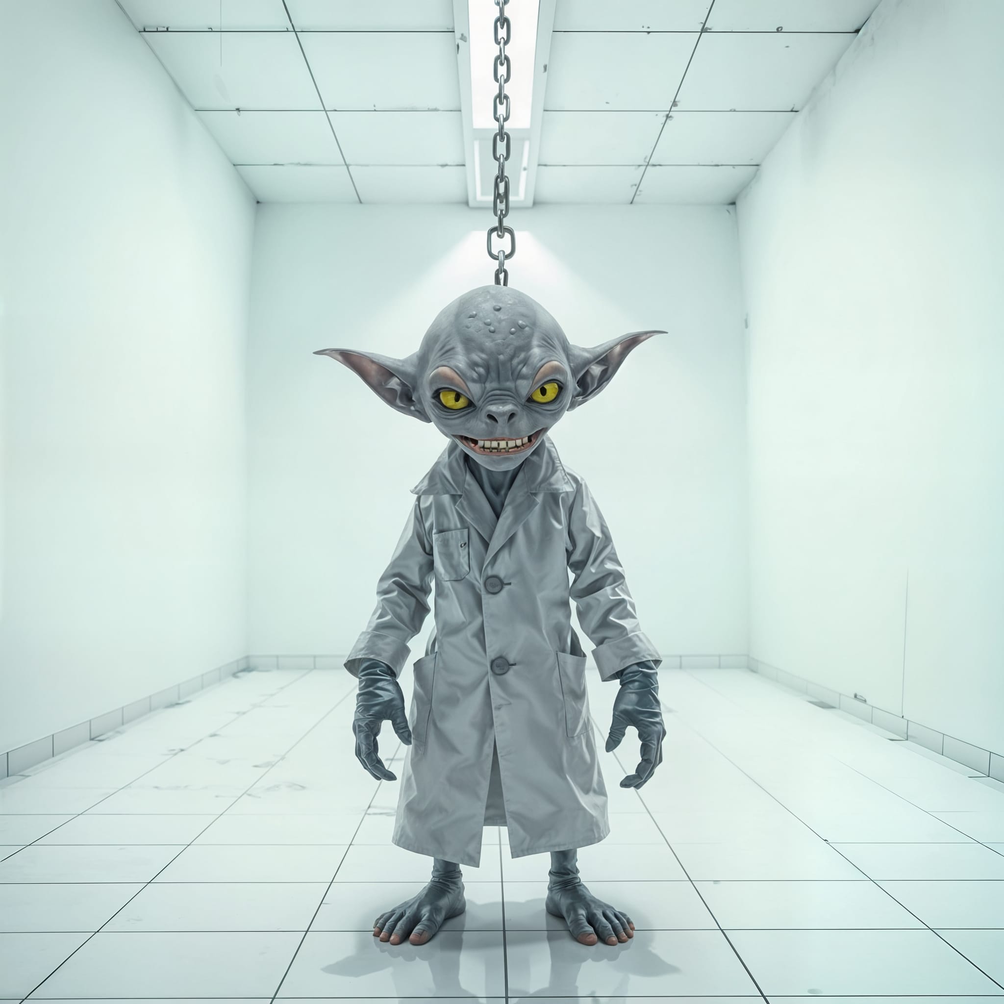 A small, grey goblin wearing a lab coat