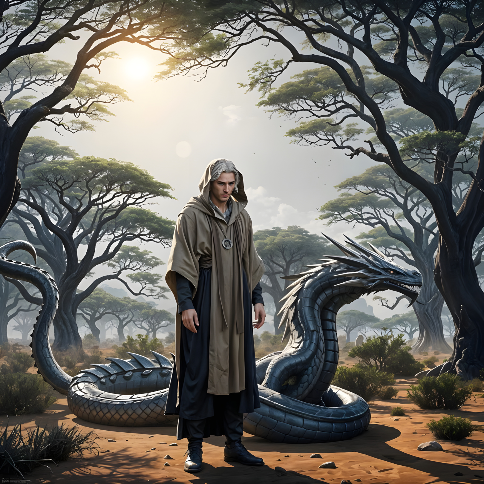 A sad young man stands next to a dragon under some acacia trees