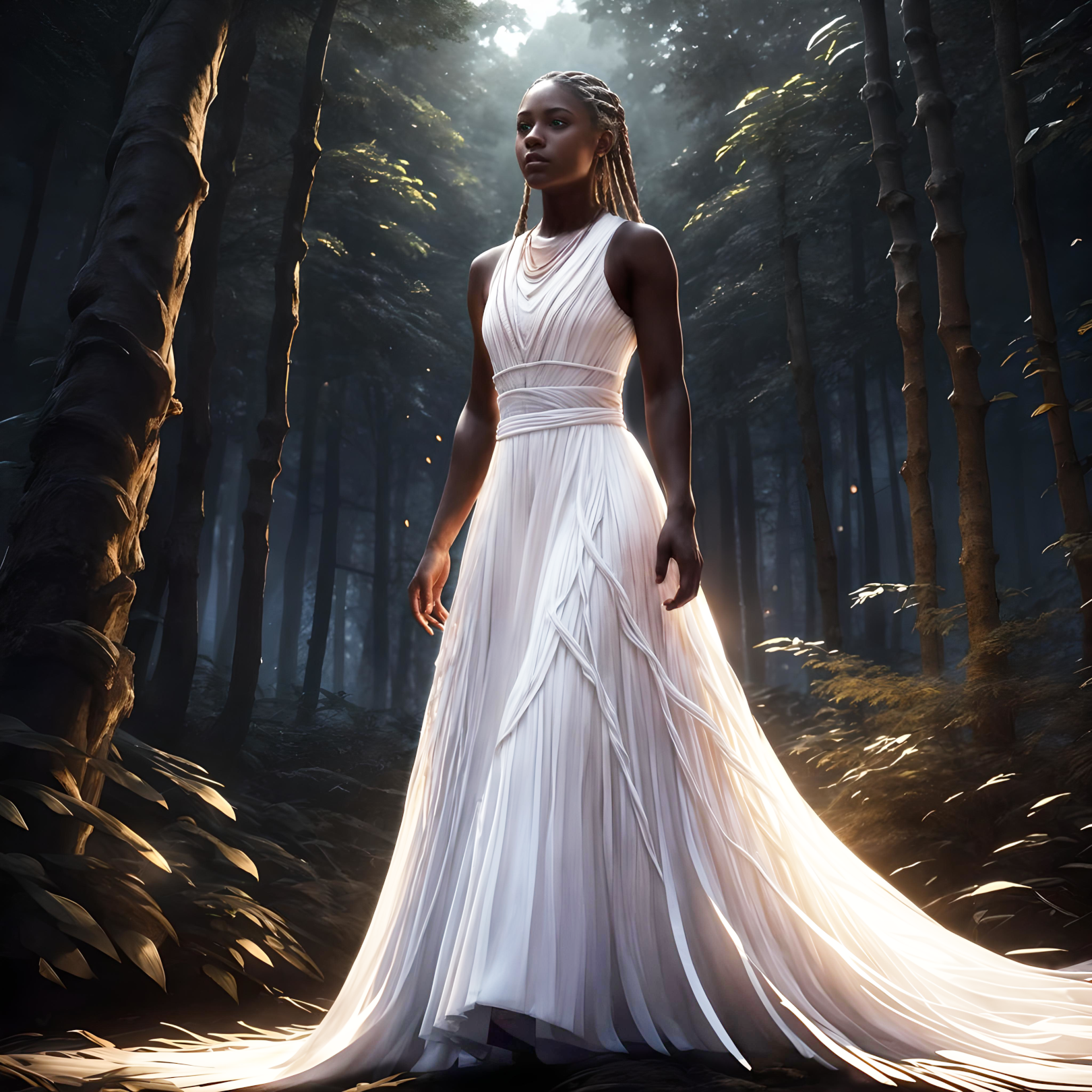 An African woman walking elegantly through a forest. She wears a white dress that glows with bright light.