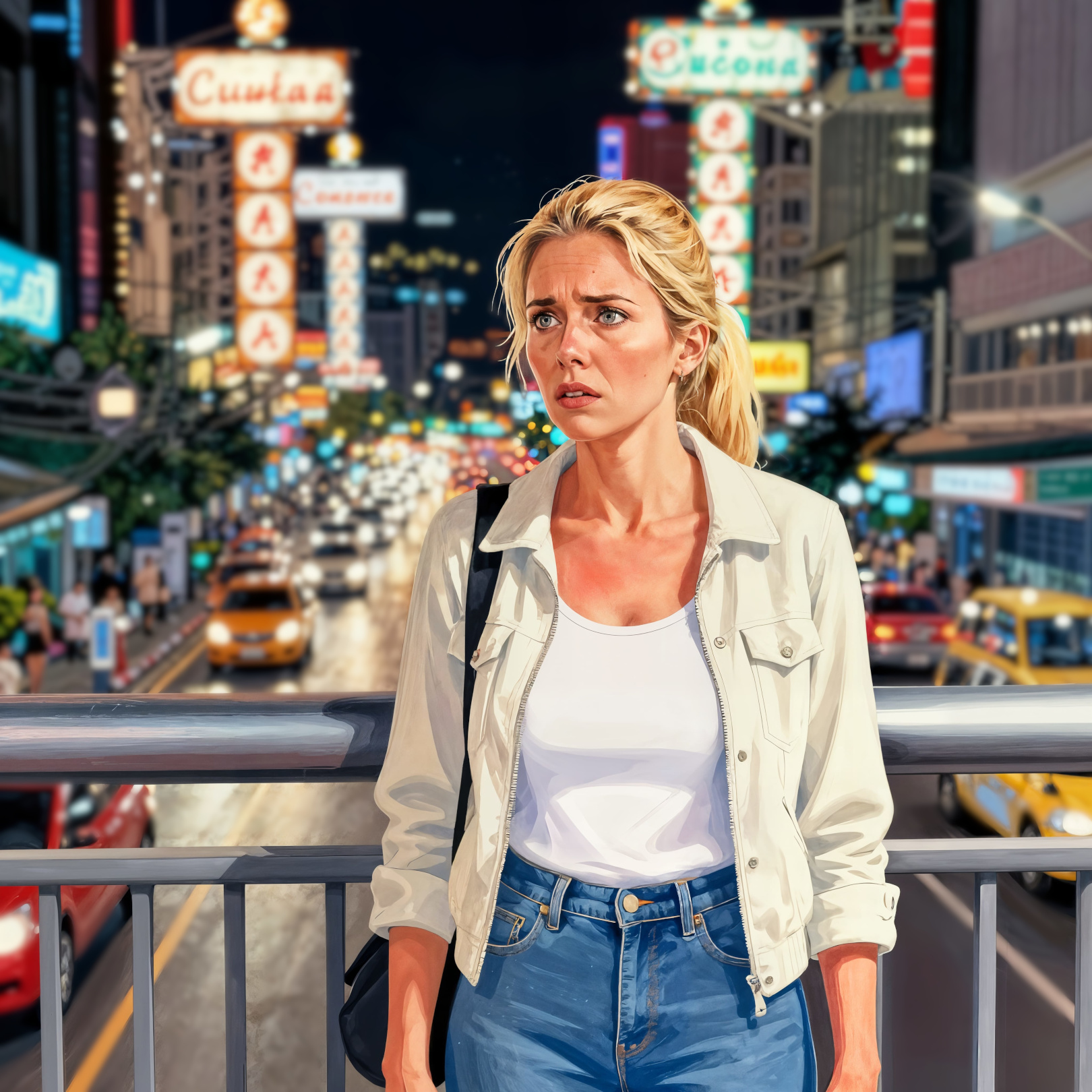 A woman stands on a bridge over a busy Bangkok road. She appears stressed and worried.