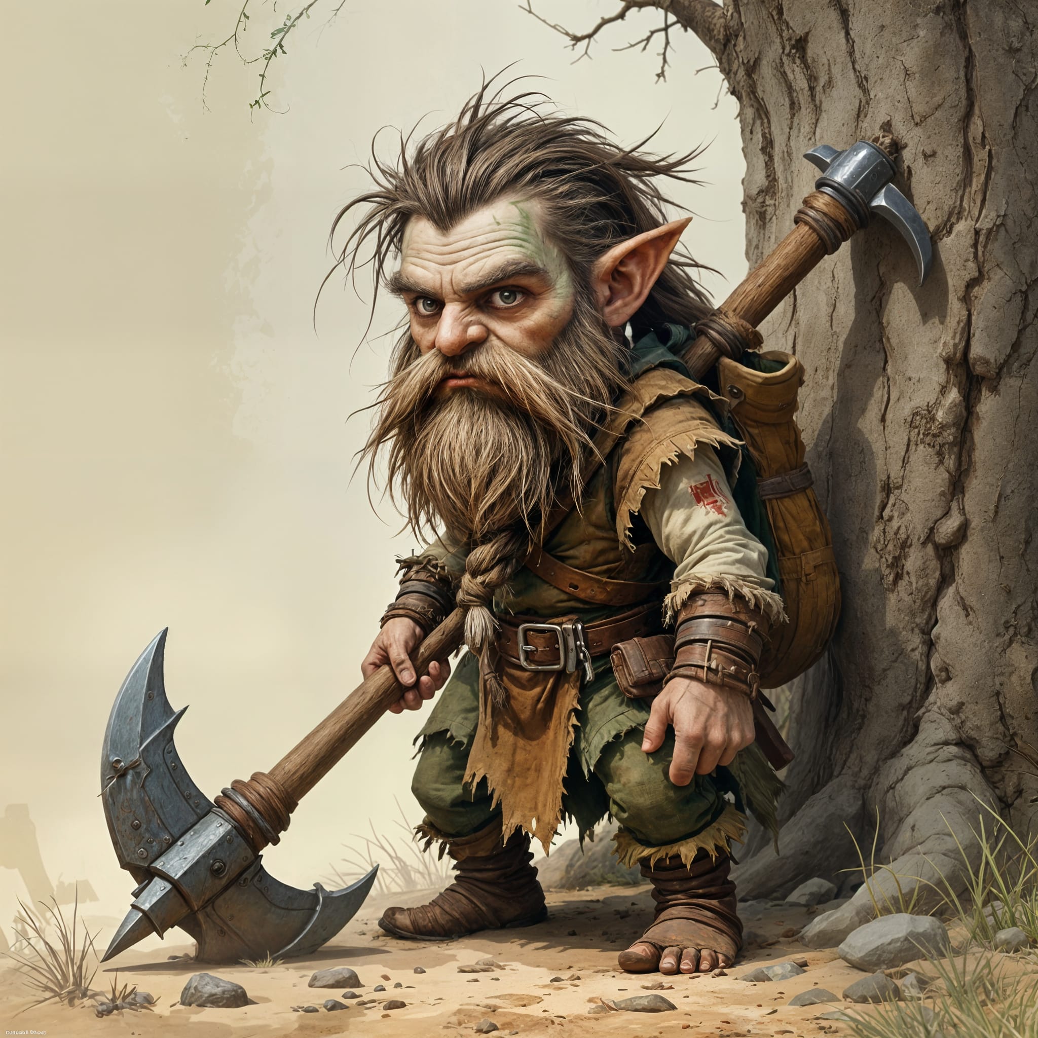 A small gruff looking gnome carrying an axe