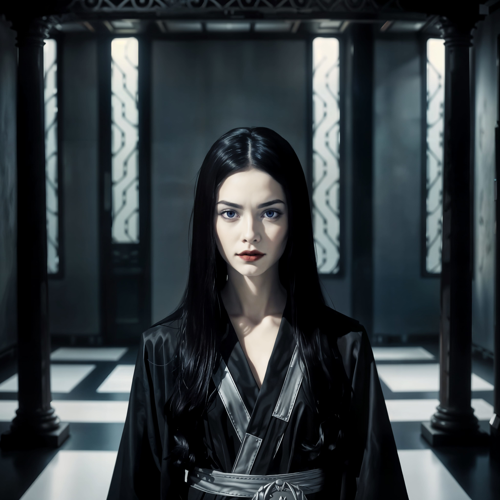 A pale woman wearing black robes