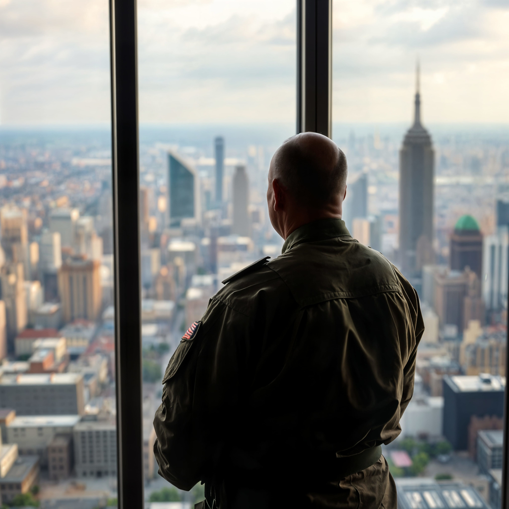 A US General staring out of the window onto a large city