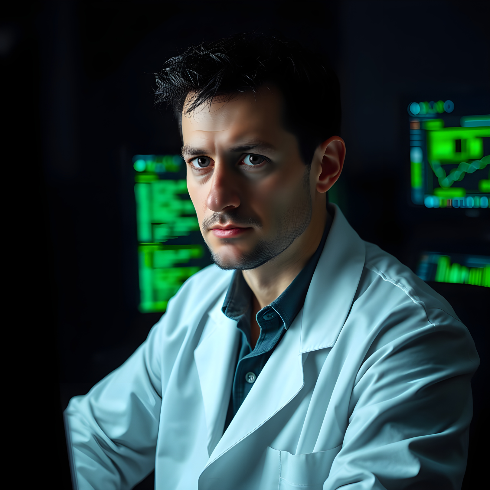 a scientist wearing a lab coat sits in a dark room