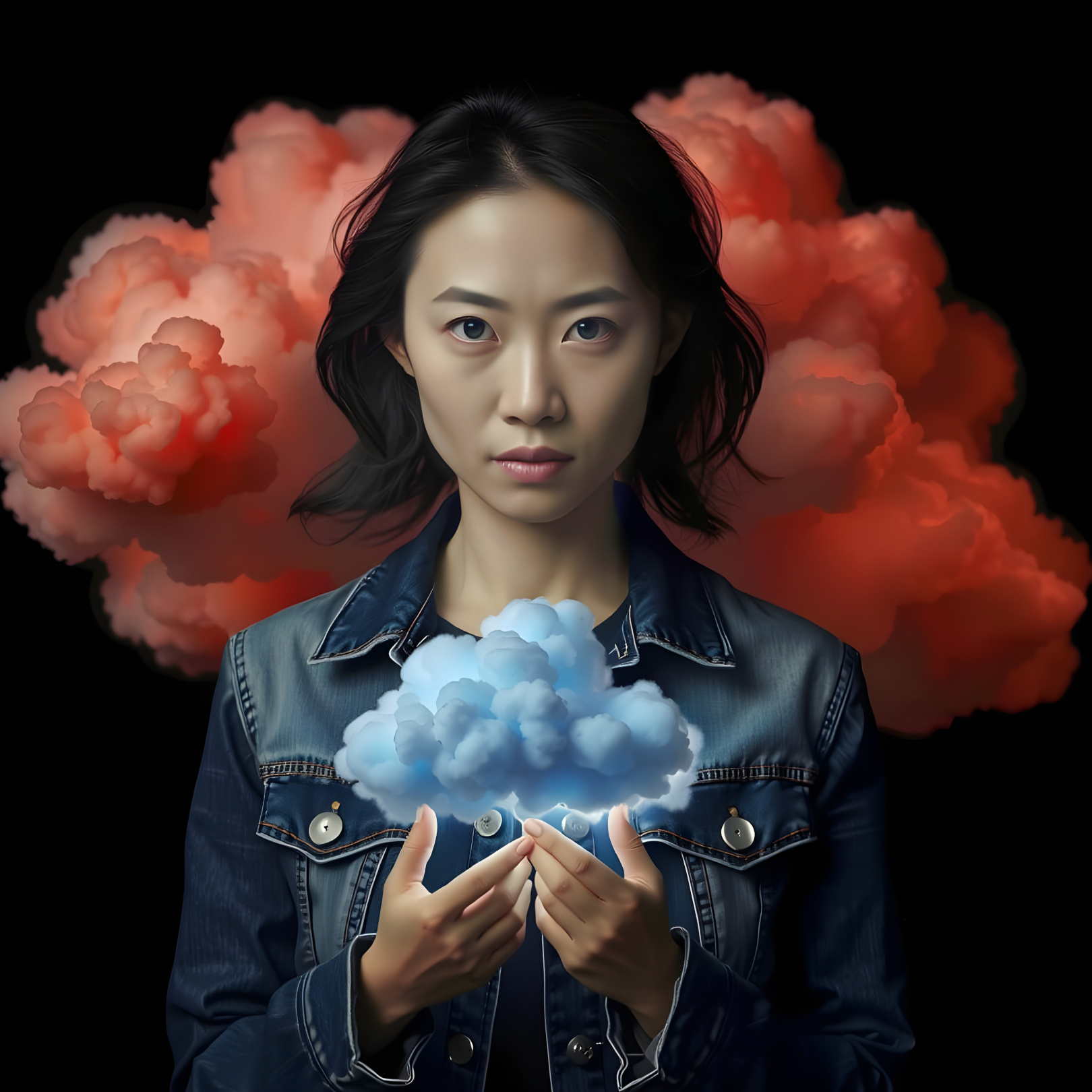 A Chinese Woman wearing a blue denim jacket hods a blue cloud in her hands.